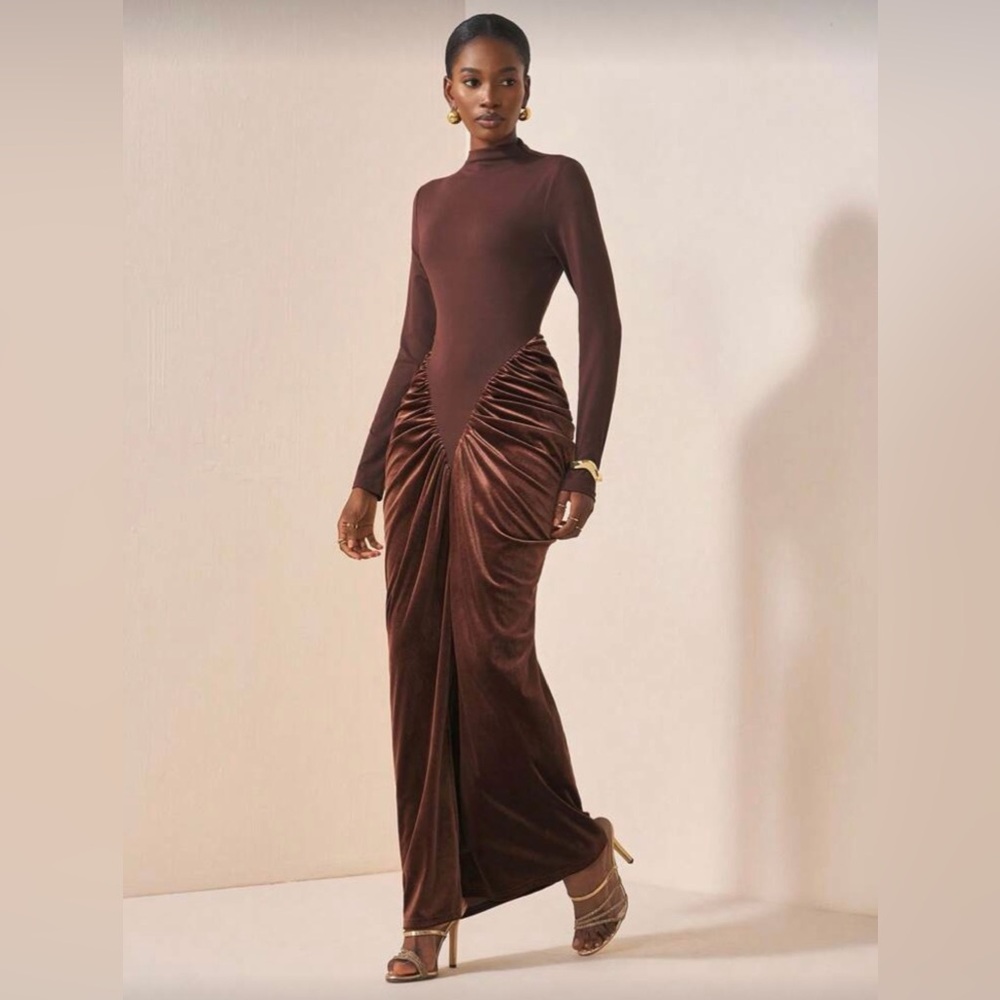 Brown Long Sleeve Ruched Velvet Maxi Dress Elegant Evening Gown Bodycon Chic - Picture 5 of 12